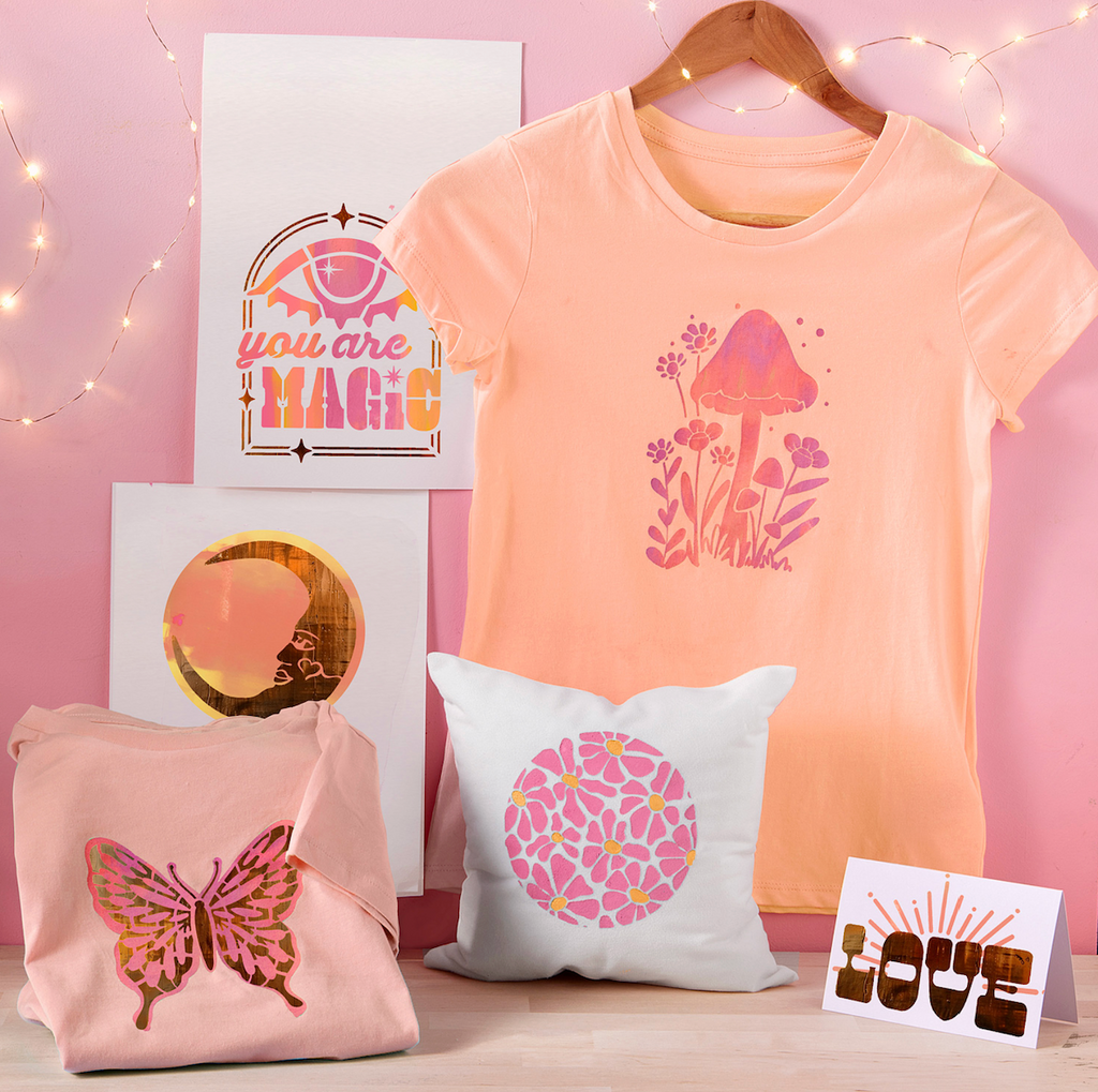 A pillow, tote bag, prints and a t-shirt all screen printed using the Wish Craft Print Making Studio.  