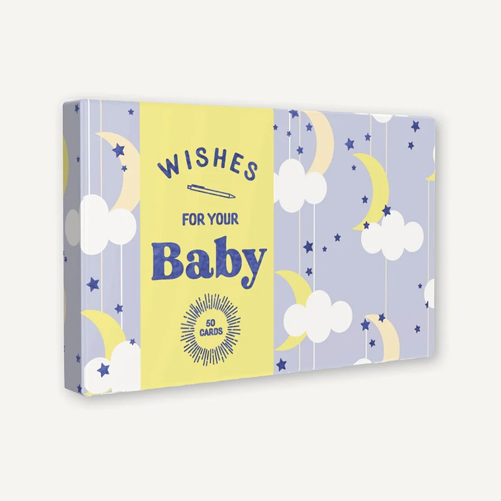 Cover of the box for the Wishes For Your Baby set of 50 blank card meant to create a keepsake for your new baby.  The box is sweetly illustrated with floating clouds, moons and stars. 