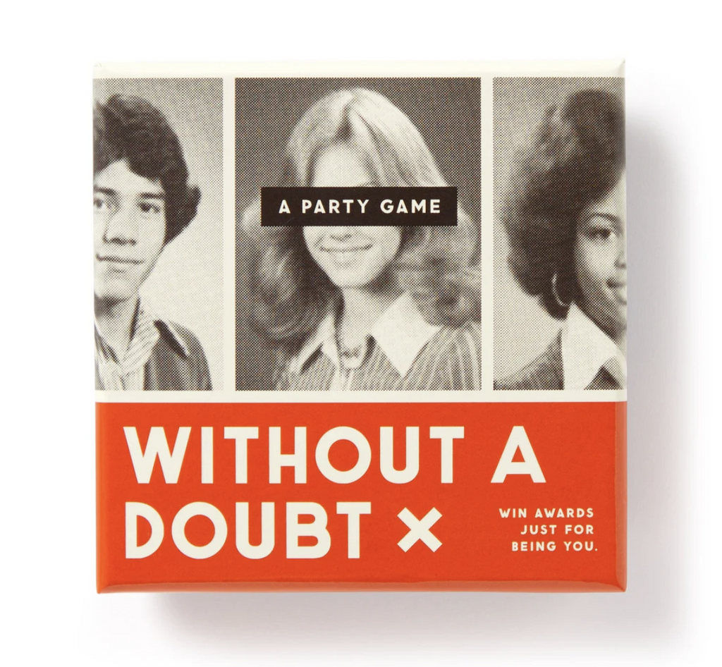 Box of Without A Doubt party game shows images of vintage yearbook photos.