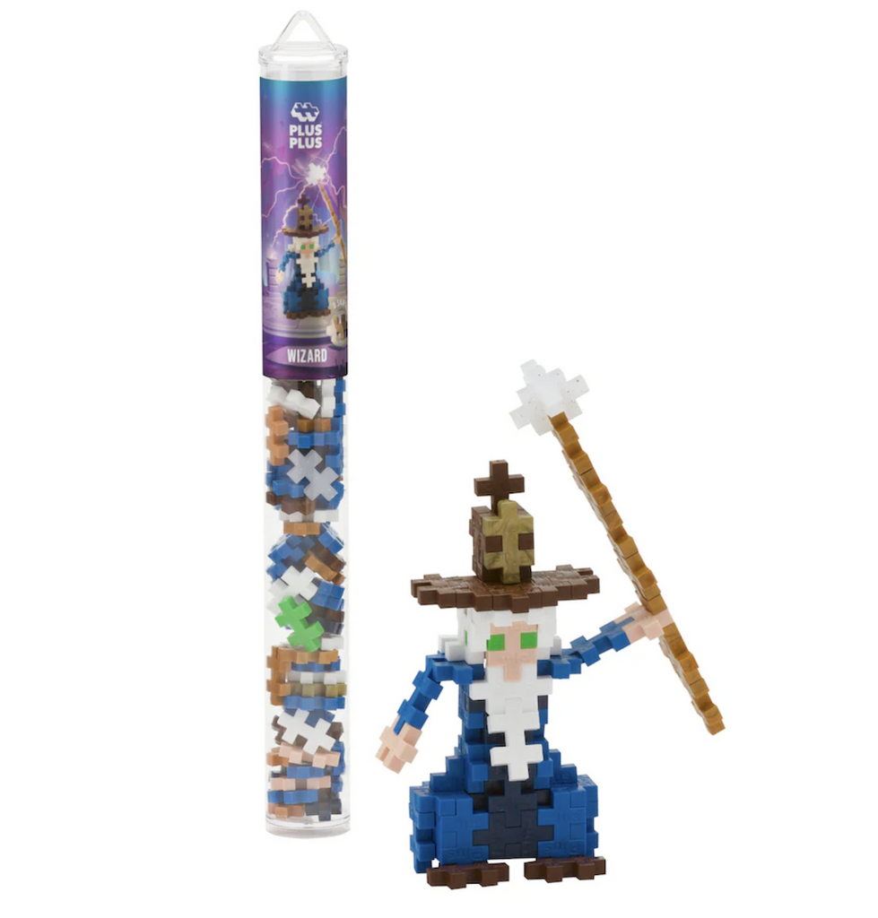 A wizard built using pieces from the Plus Plus 70 Piece wizard tube. 