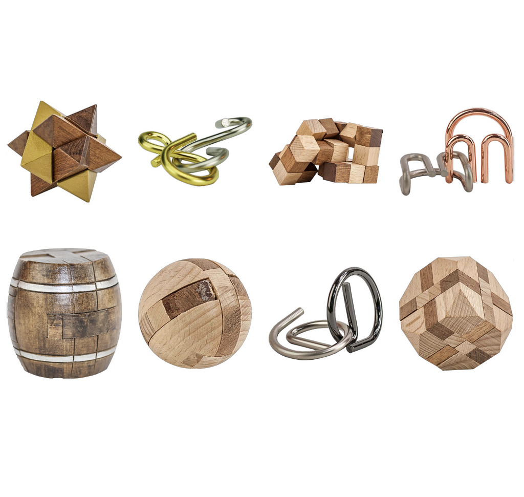 Image of the 8 different metal or wood brainteasers avialable.