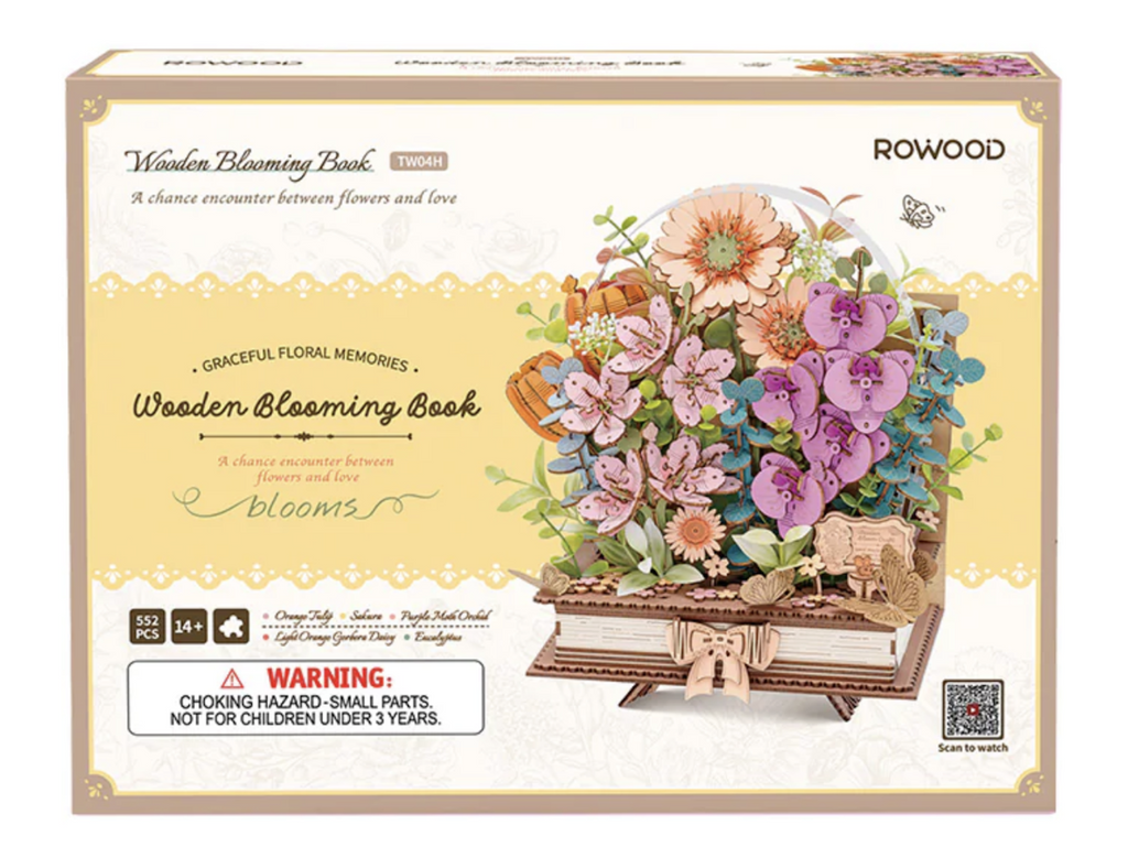Wooden Blooming Book 3D wooden puzzle pictured on the cover of the box it is packaged in. 