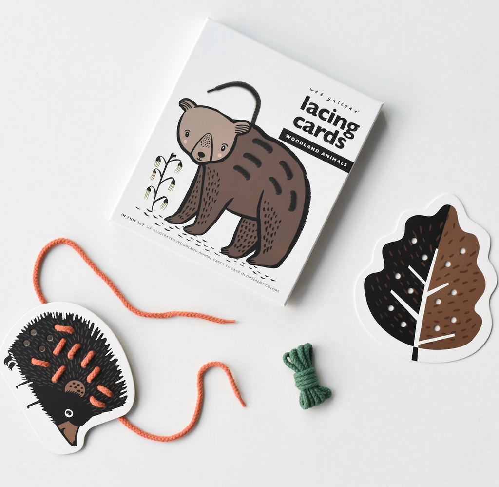 Lacing cards with a porcupine and leaf illustrations and the box with a bear illustration on the cover. 