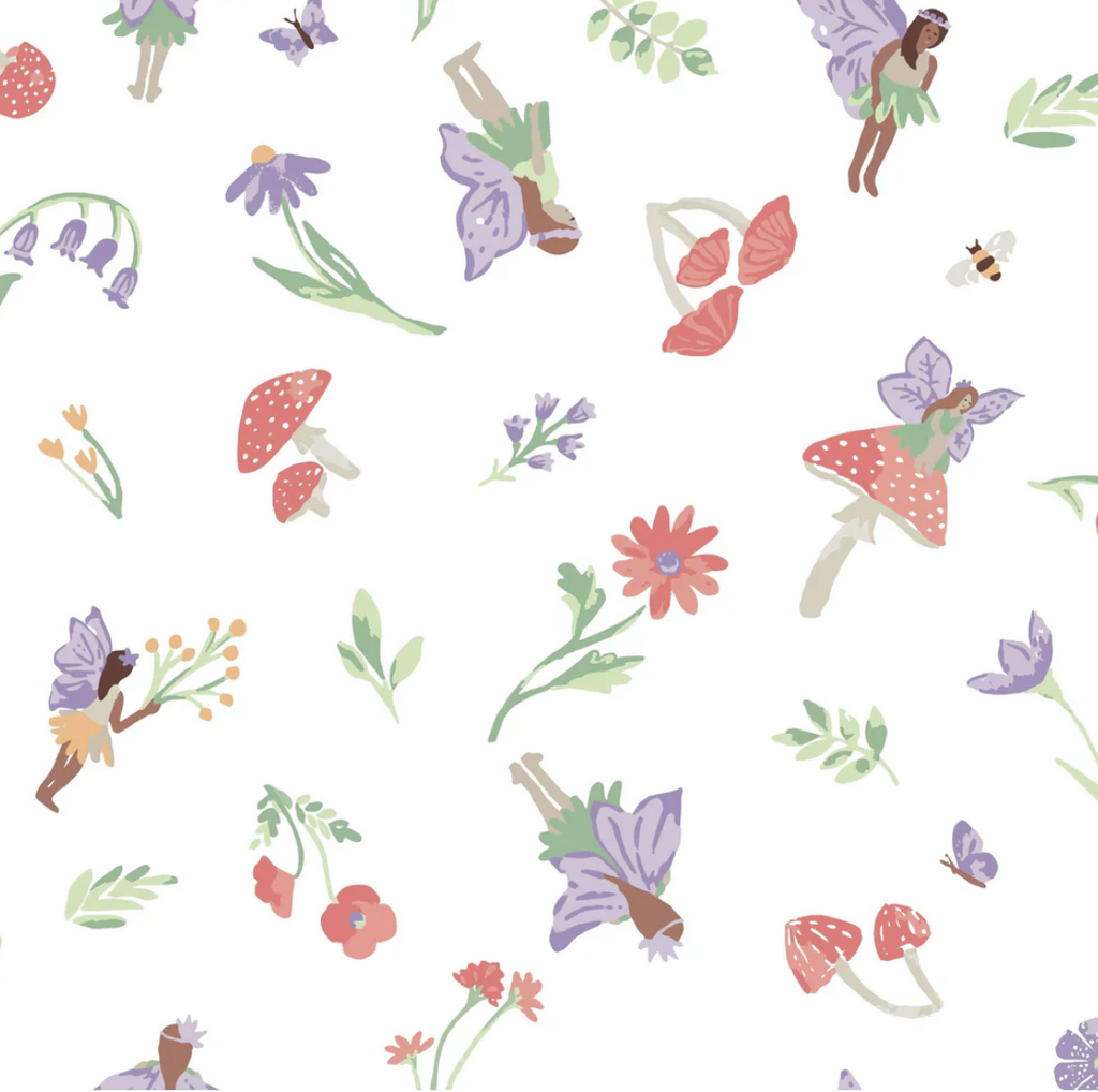 Close up view of the Woodland Fairy print with purple winged fairies, colorful flowers and mushrooms on a white background.