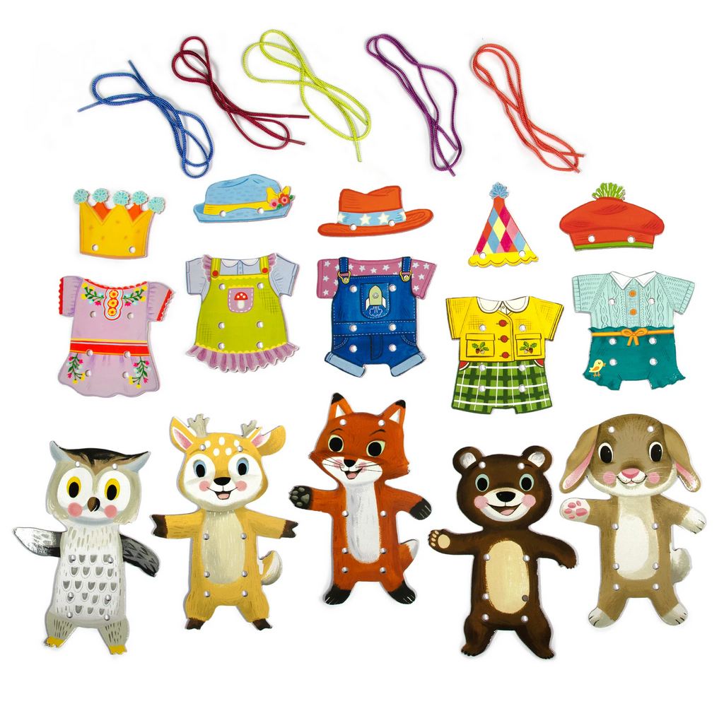 Illustrated animal cards with outfits, hats, and cord for lacing them together.