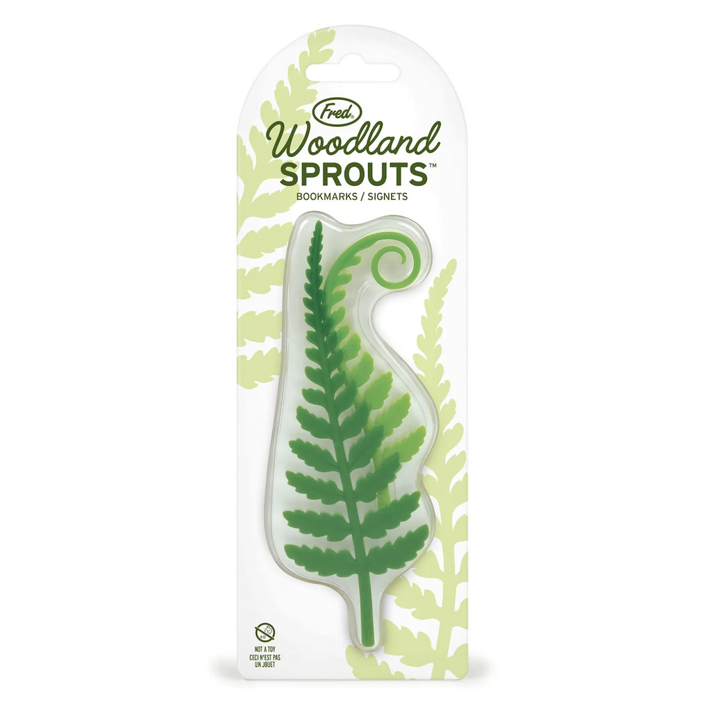 Woodland Sprouts bookmarks packed in clear window on a backing card with illustrations of ferns. 
