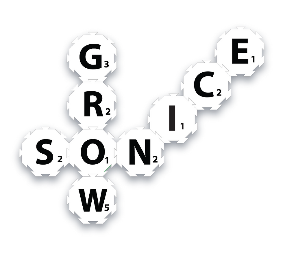 White tiles pieces with black letters pieced together to read grow, son, and nice.
