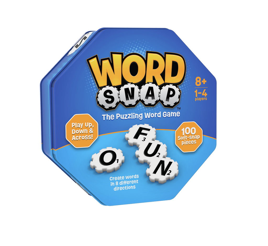 WordSnap blue octagonal shaped game tin reads WordSnap- the puzzling word game. Play up, down, & across. 100 soft snap pieces. Create words in 8 different directions.