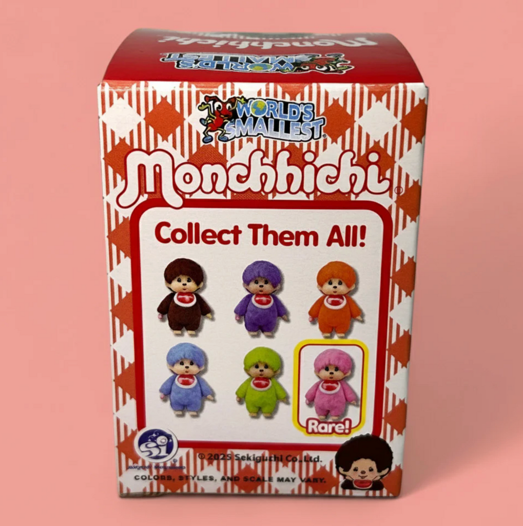 Back panel of the World's Smallest Monchhchi Blind Box. There are six different colors that can be collected. Brown, purple, orange, light blue, lime green and the rare color pink. 