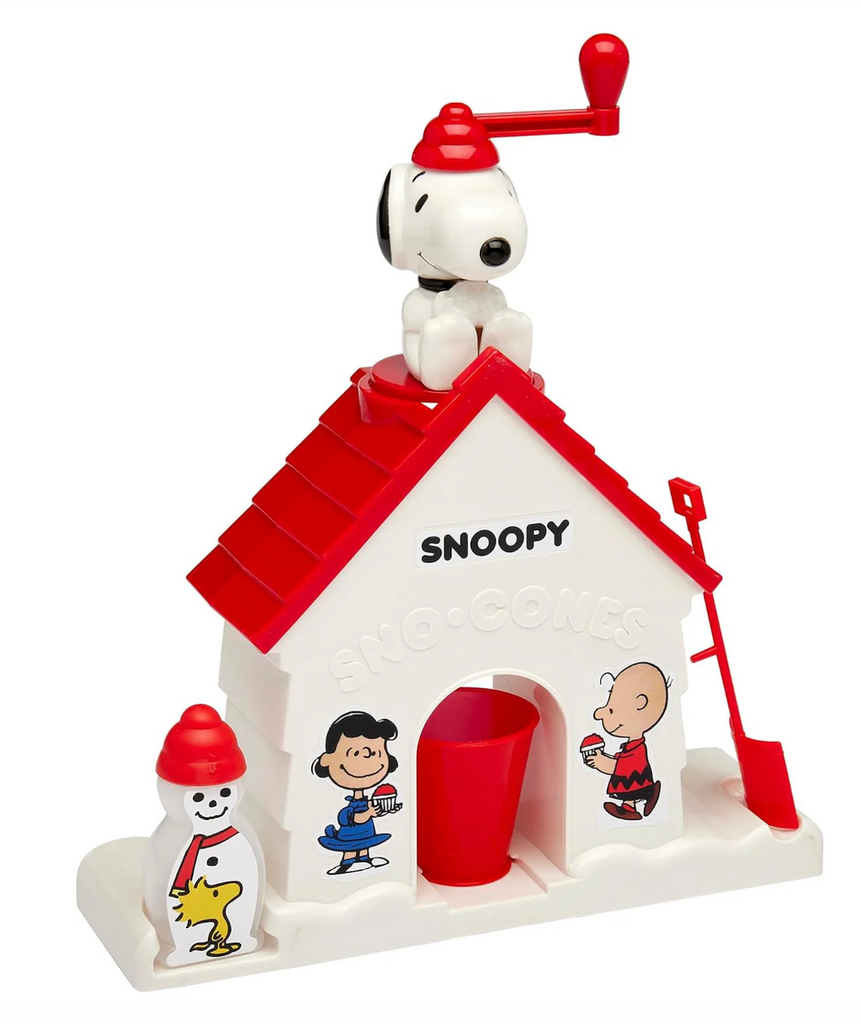 Snoopy toy Sno Cone Machine with a red roof and white base featuring a snoman, Lucy and CHarlie Brown Peanuts characters.