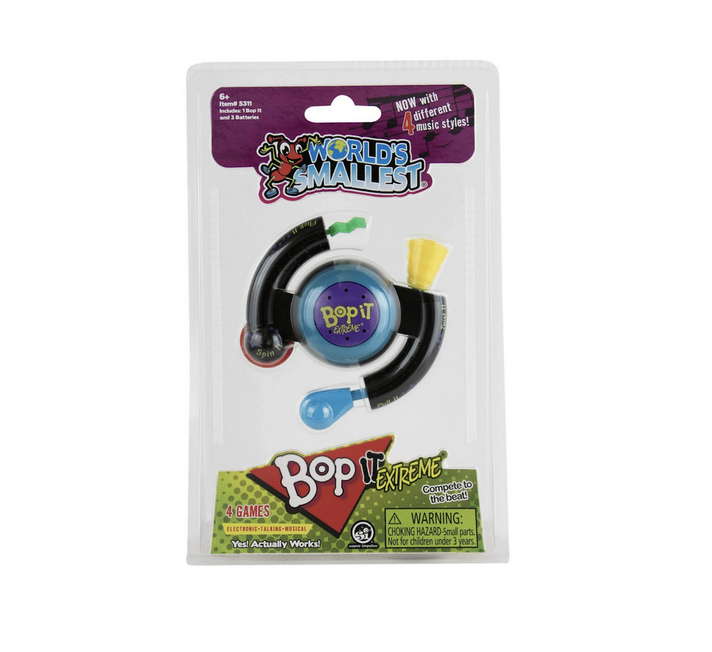 The World's Smallest Bop It Extreme in a see through plastic package allowing both the front and back of the miniature game to be seen. 