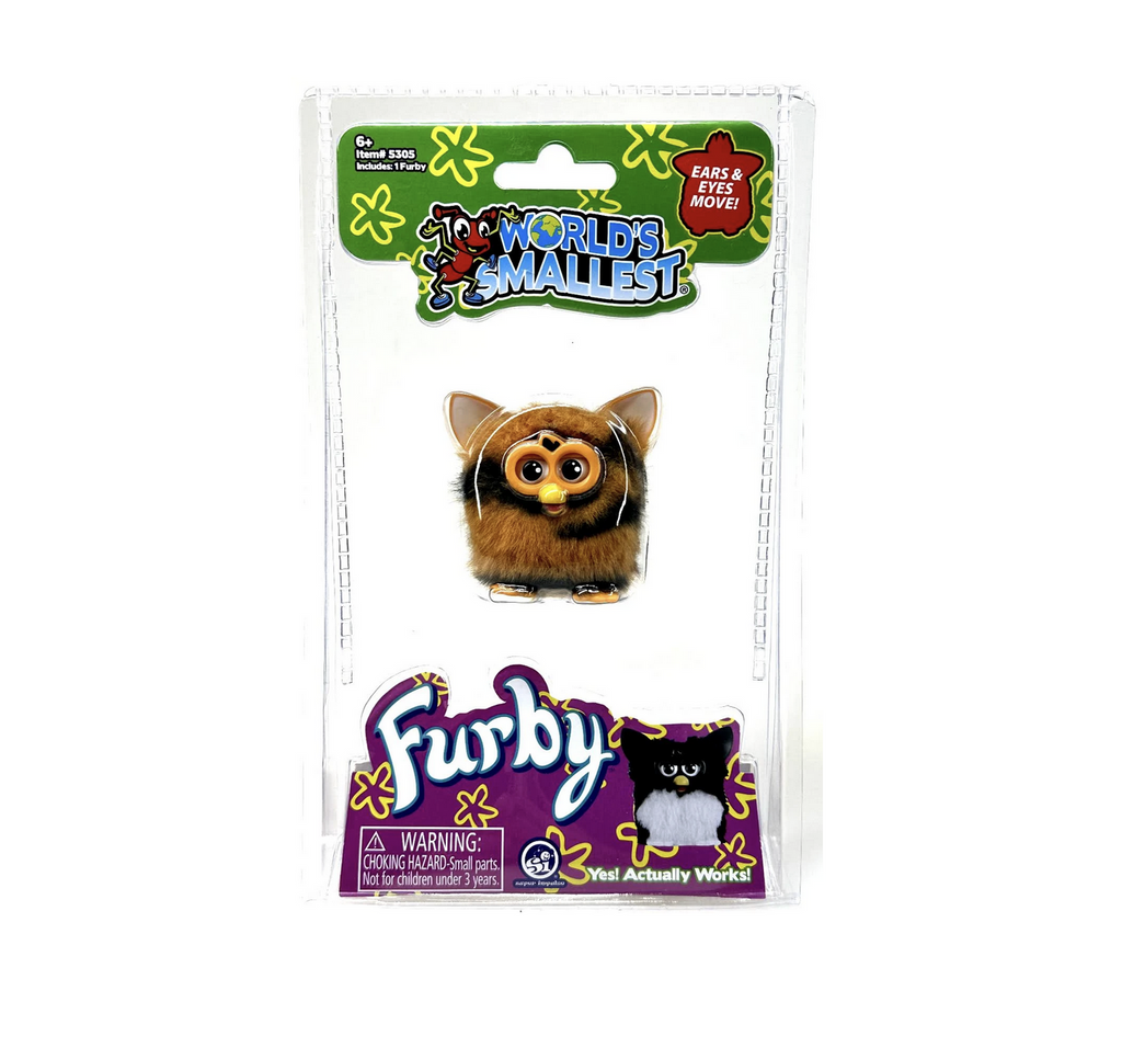The World's Smallest Furby in a clear plastic package. This Furby has brown striped fur. 
