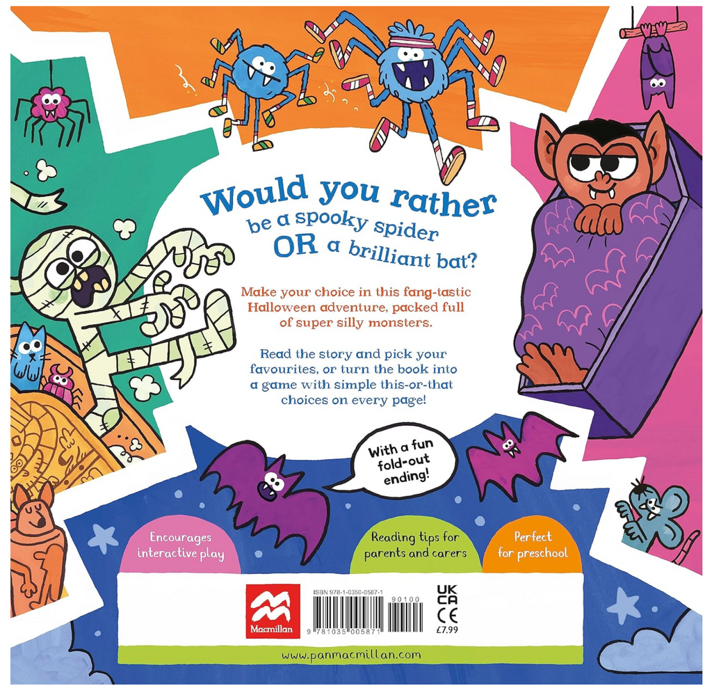 Back cover of "Would you Rather" Halloween with illustrations of monsters and an explanation of the game. 