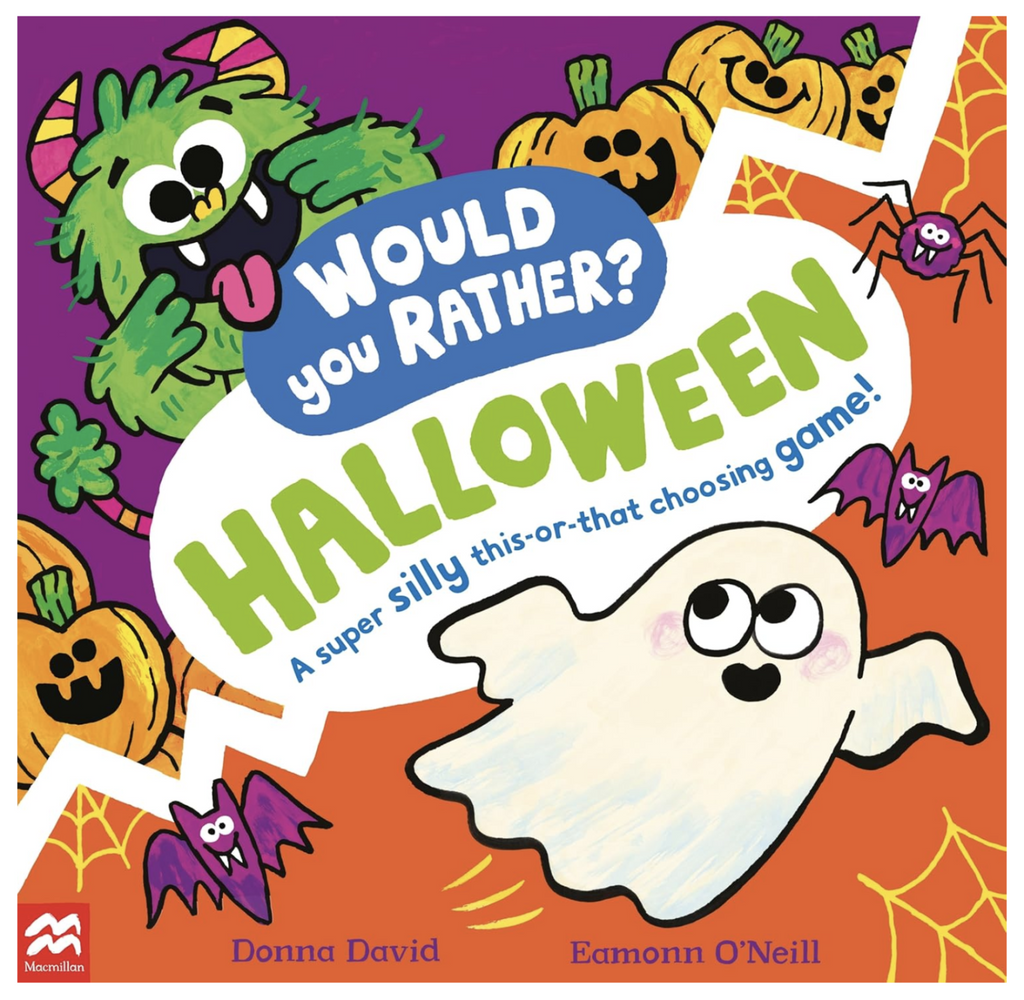 Illustrated cover of "Would you Rather Halloween" choosing game. With ghosts, bats, jack o lanterns and monsters. 