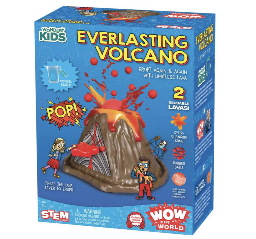 Bright blue box with a picture if the Everlasting Volcano erupting. 