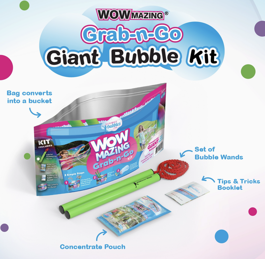 The Wowmazing Bubble Grab and Go Kit with the bubble wands, pouch of bubble concentrate, the tip booklet and bag that doubles as a bucket. 