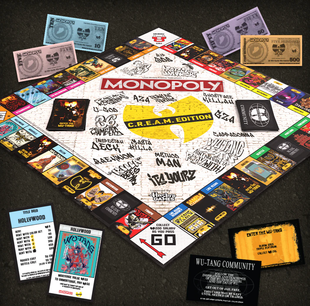 Wu-Tang Clan Monopoly game board with C.R.E.A.M. Edition theme on a dark surface