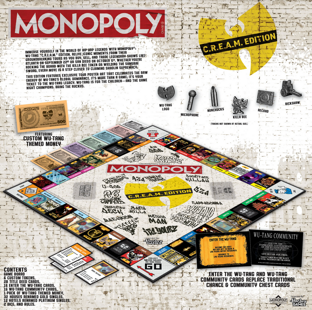 Monopoly Wu-Tang Clan C.R.E.A.M. Edition with Wu-Tang Clan logo on a textured white background