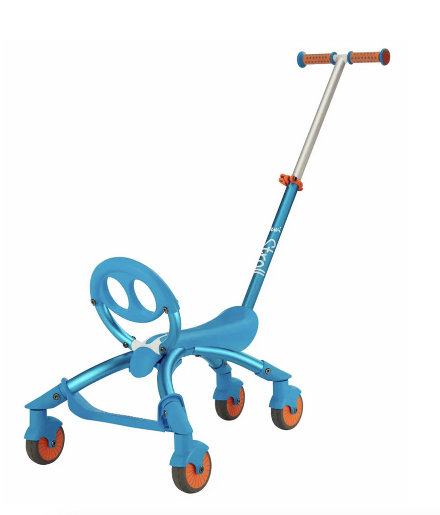 The Y Bike Pewi Stroll ride on, walker buddy and push toy. Shown here with the handle extended so a parent can push the child anywhere. 