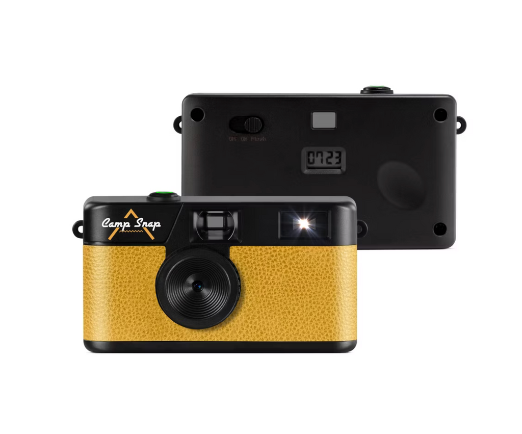 Yellow and black camera with 'Camp Snap' branding on a white background