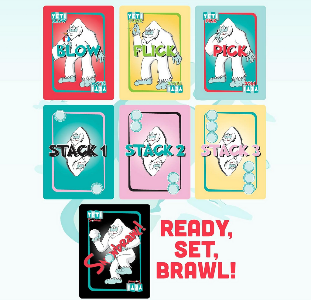 Set of colorful cards with illustrated images of a yeti and actions to take while playing Yeti Snowbrawl. 