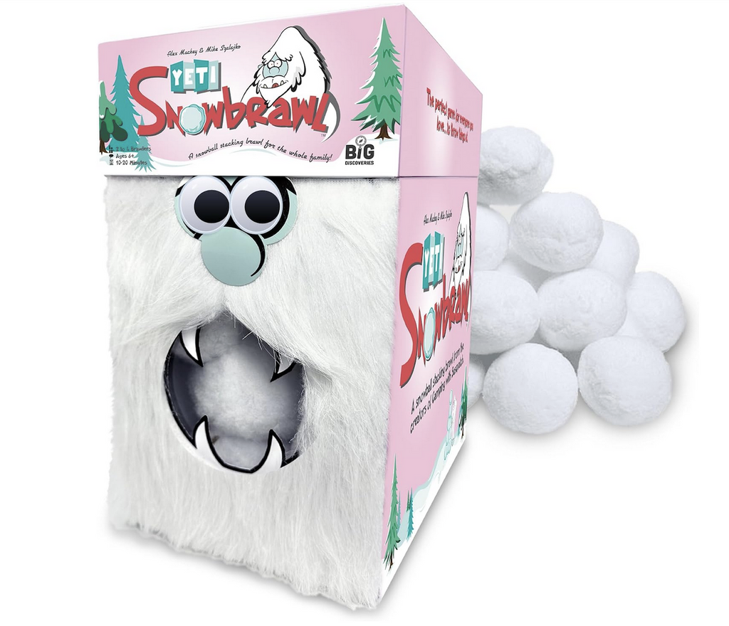 Yeti Snowbrawl game box complete with the face of a Yeti that has white hair and it's mouth wide open with snowballs inside. 
