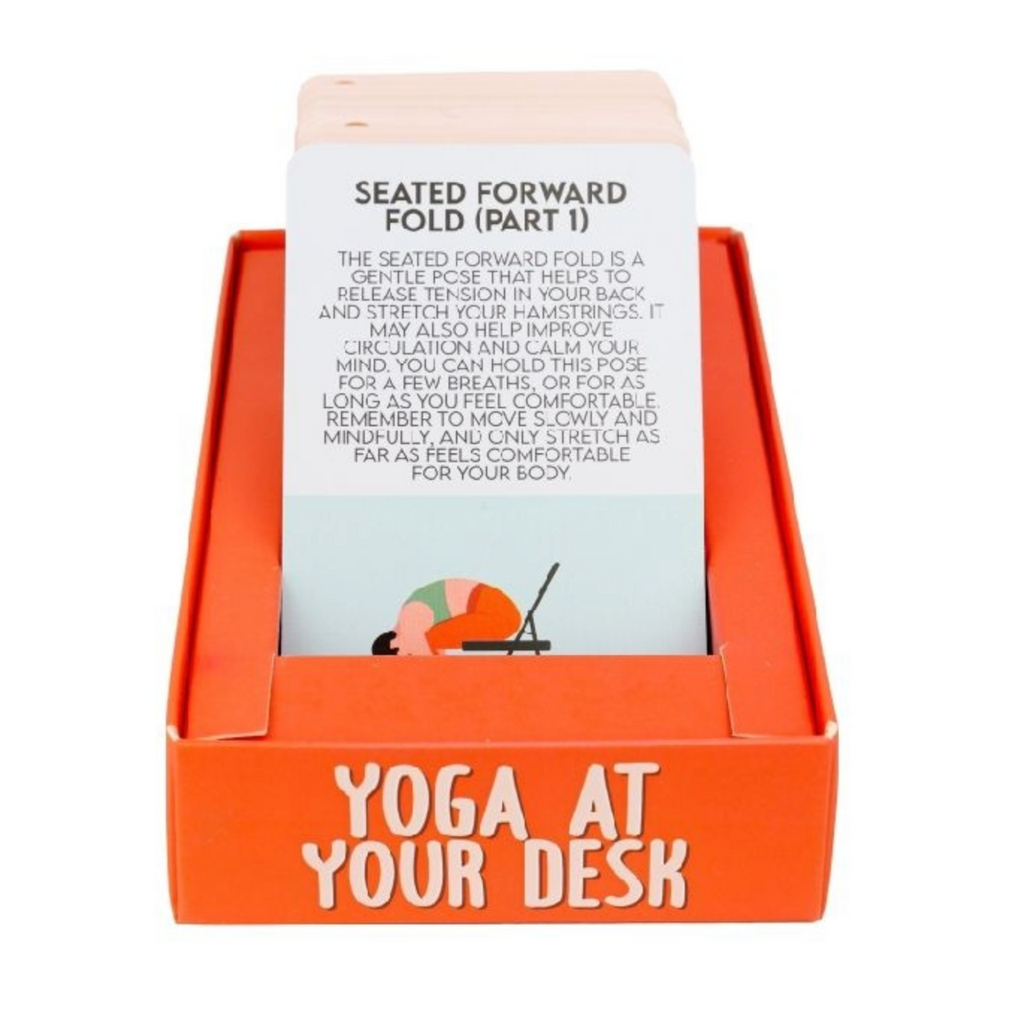 Yoga At Your Desk flash cards stacked inside their box with onw showing how to do a seated forward fold.