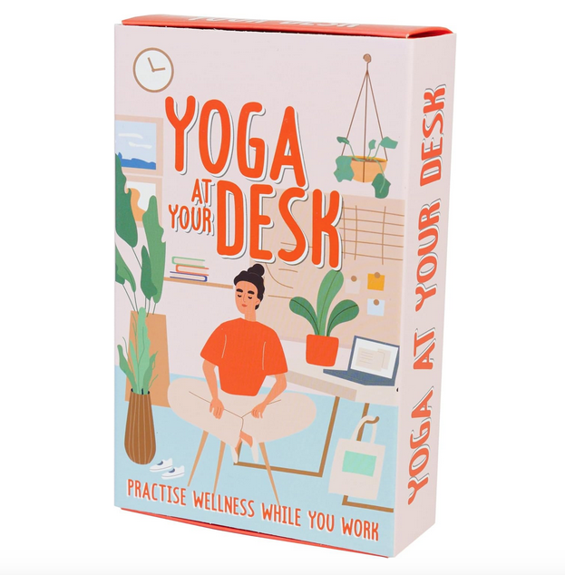 Yoga At Your Desk flash cards box with illustration of a home office and someone practicing a yoga pose in their chair.