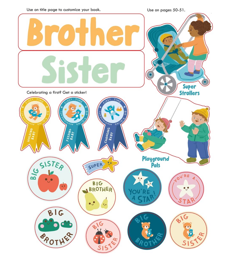 Interior page of "You're Going to be a Big Sibling" filled with stickers to use throughout the book to personalize the story. 