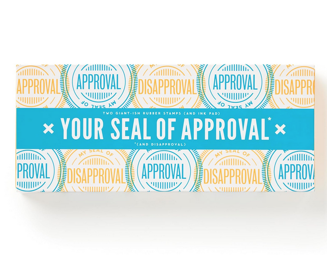 Your Seal of Approval Stamp Set box with yellow and blue approval and disapproval stamps covering the entirety of the box.