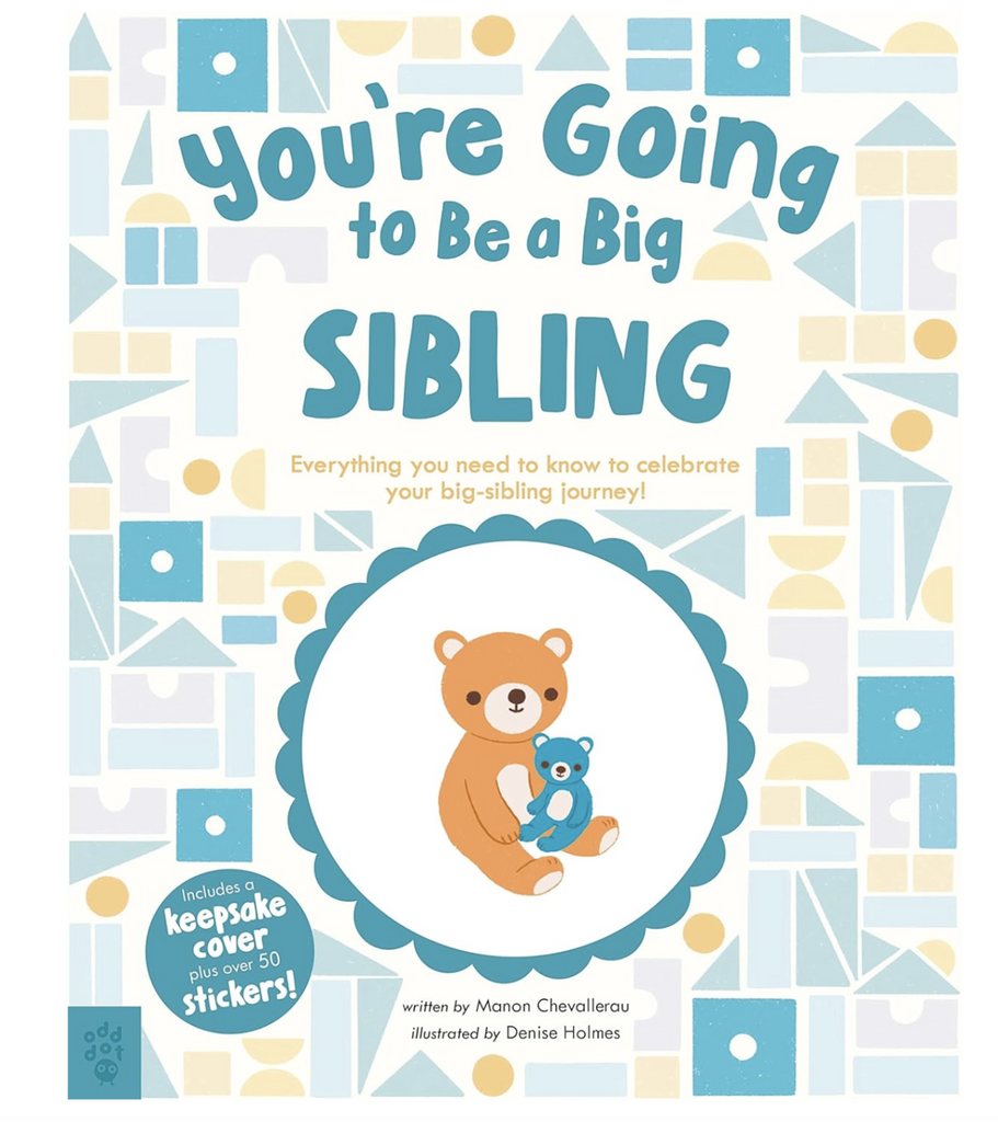 Cover art for "You're Going to be a Big Sibling" with pale yellows and blues and an illustration of two teddy bears. 