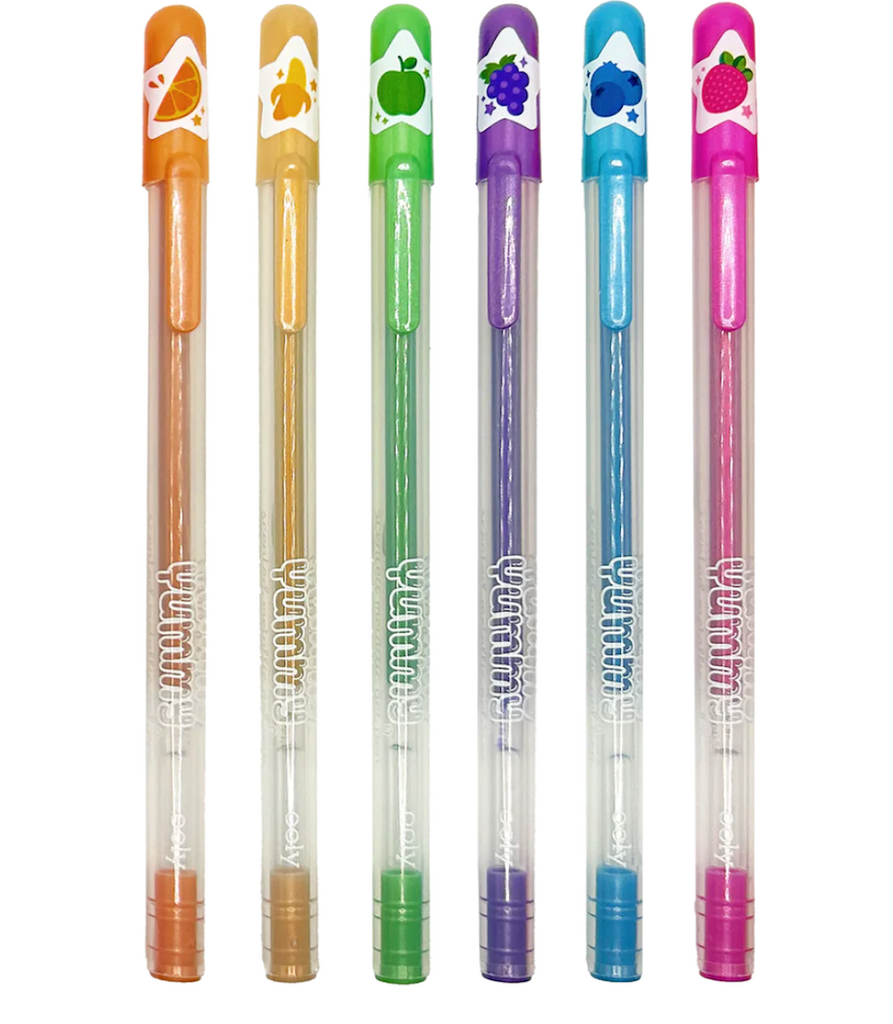 The six Yummy Yummy Metallic Gel Pens with tops that show what scent each ink color is. 