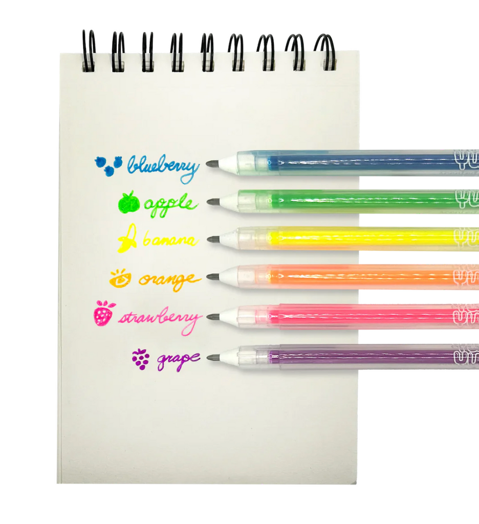 Written samples of the neon gel pens with the corresponding colors and scents. 