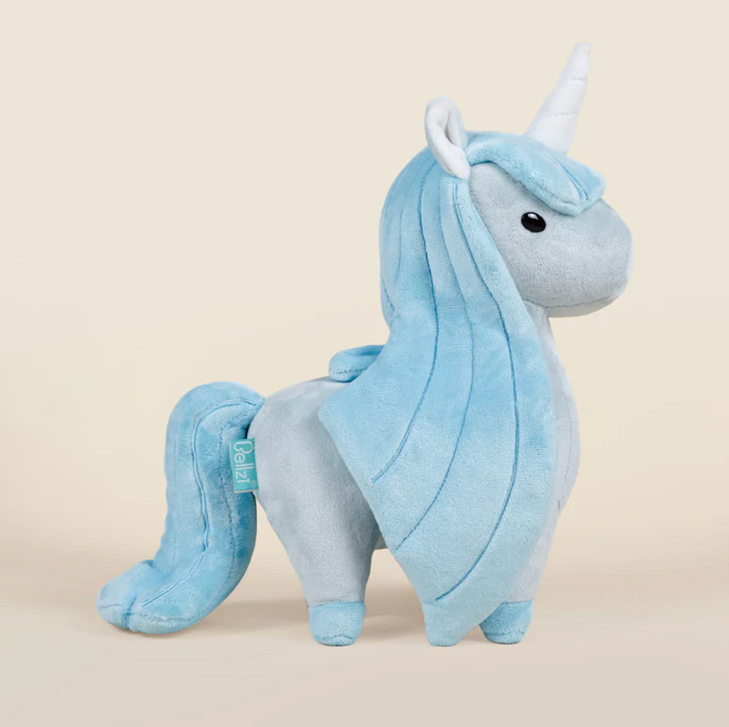 Yuni the Unicorn stuffed animal from Bellzi with luxurious blue plush in a standing position, viewed from the side. 