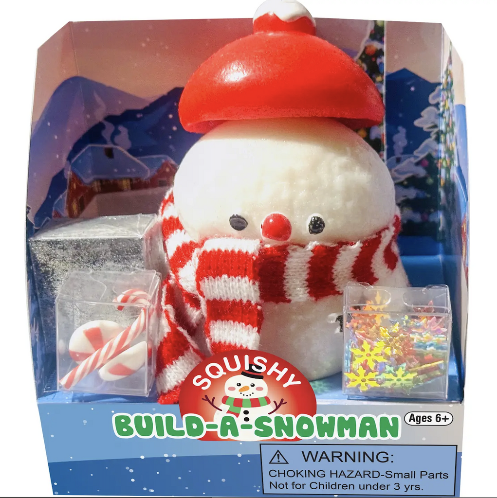 Squishy toy Snowman wearing a red hat, red and white scarf, and has snowflakes and candy accessories. 