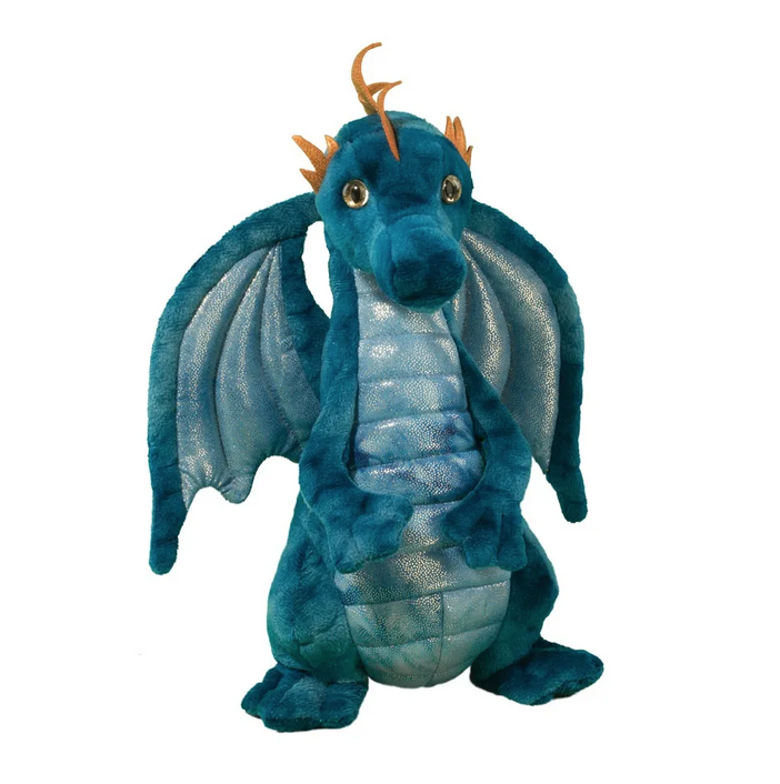 Plush dragon standing upright with blue body, gold spines and shimmery belly.