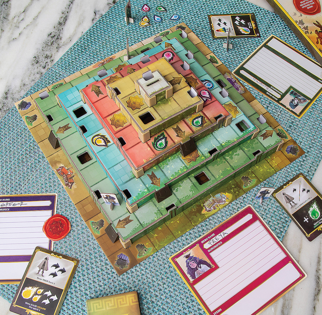 The Ziggurat multiple level game board set up with various game tokens and character cards. 