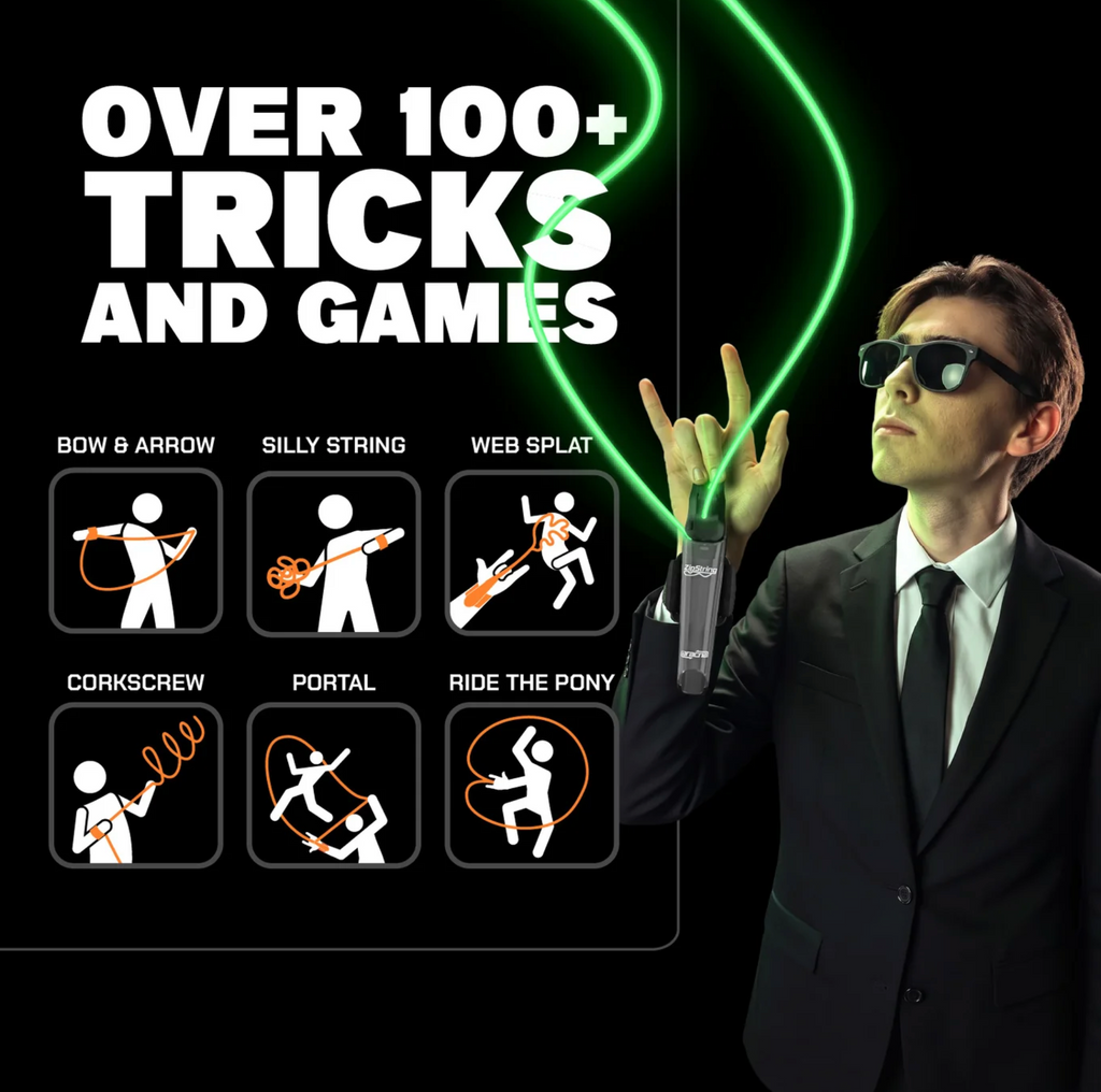 Graphic emphasizing over 100 tricks and games next to a person in a black suit playing with a zipstring toy.