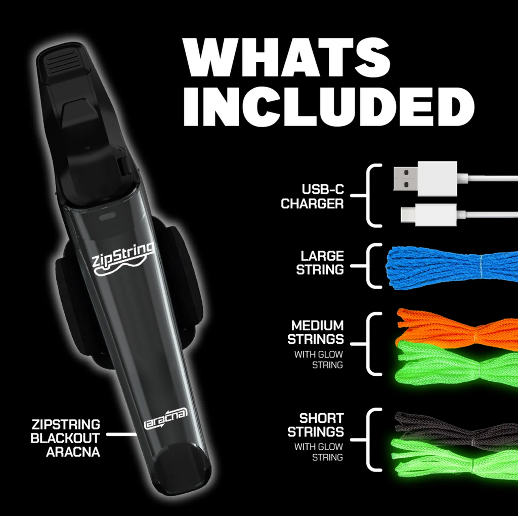 Graphic of what's included in the package- 1 blackcout aracna zipstring toy, 1 usb-c charger, large, string, medium strings with glow string, short strings with glow string.