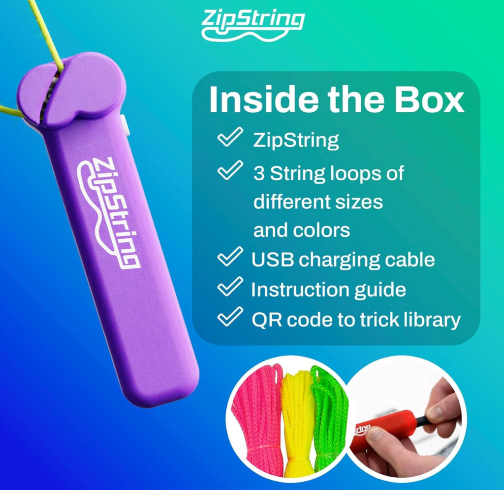 A graphic showing images of the  ZipString, the three string refills, and the following text: Inside the box- Zipstring, 3 string loops of different sizes and colors, USB charging cable, instruction guide, and QR code to trick library.