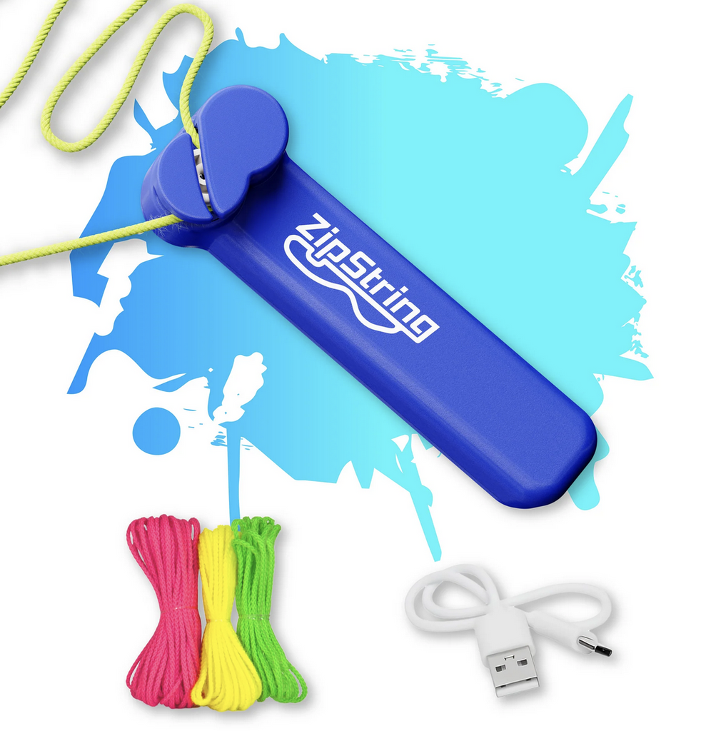 Image of Bodacious Blue ZipString, pink, yellow, and green string loops, and usb charger.