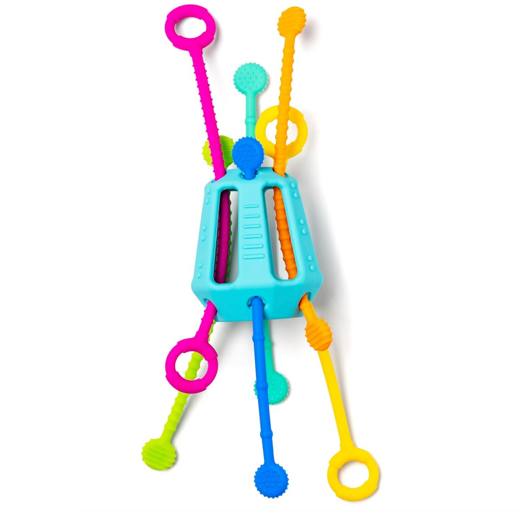 Zippee baby toy with colorful, textured pieces that move in and out of the central piece. 