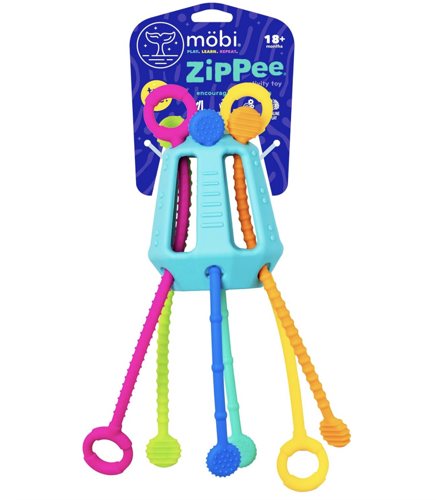 Bright, multi colored Zippee baby toy on a hangcard. 