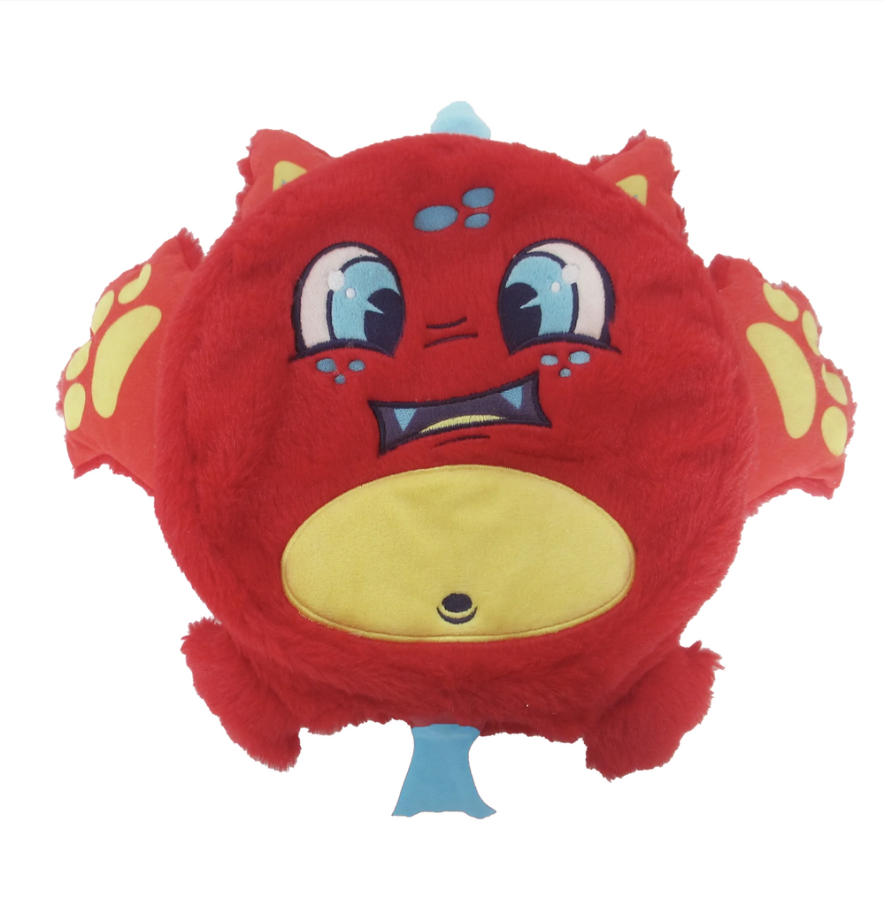 Zipper the cherry scented Fart Monster. A round, red and yellow plush self inflating whoopee cushion with blue eyes. 