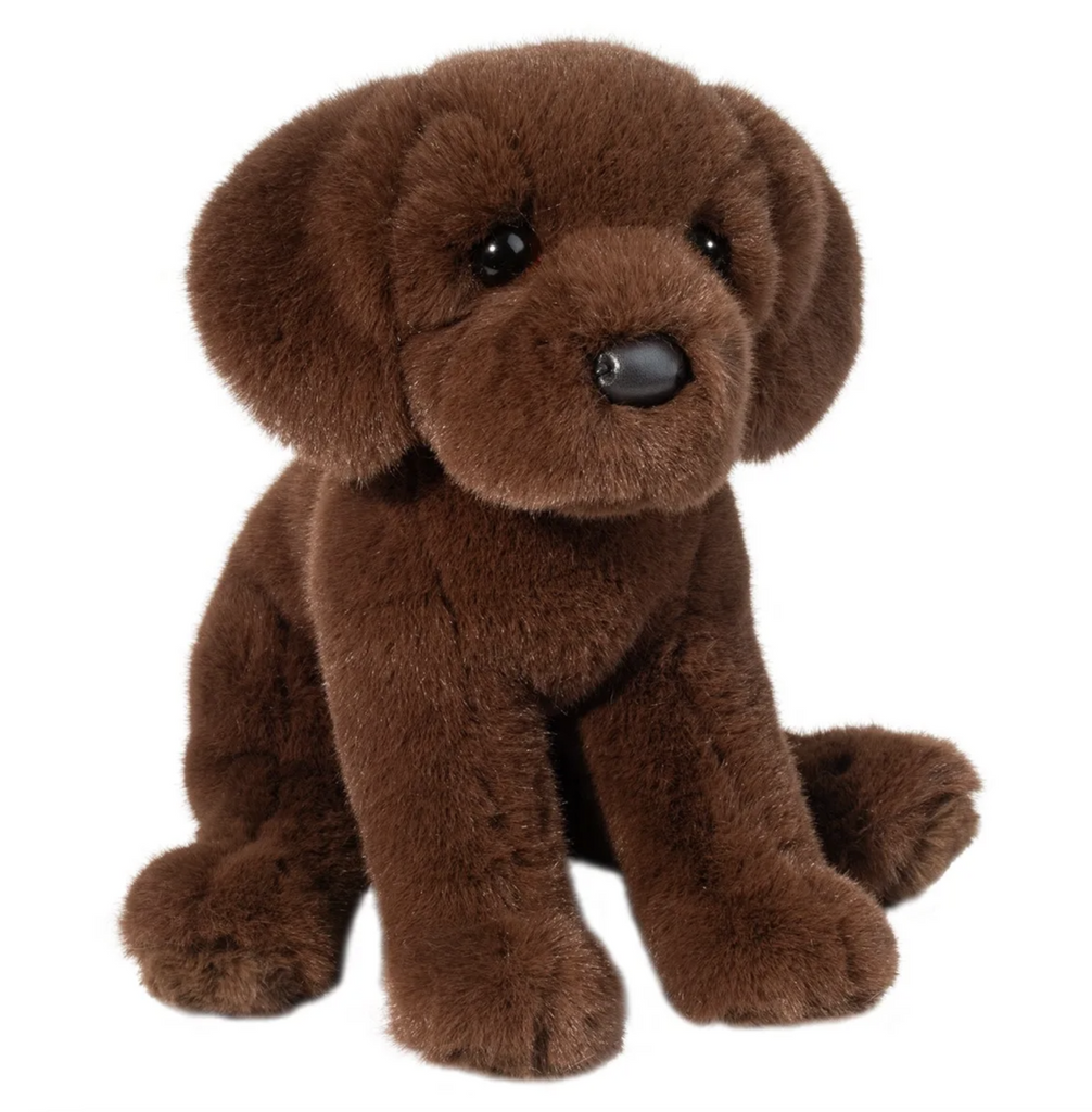 Dark brown plush Chocolate Lab in a seated position. 