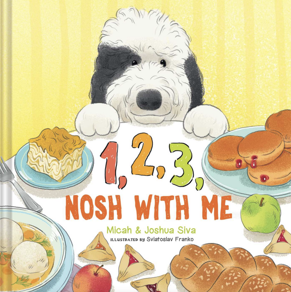 Cover of 1,2,3, Nosh with Me board book featuring Buckwheat the Sheepadoodle.