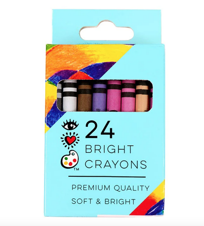 24 brightly colored standard size crayons in a light blue box. 