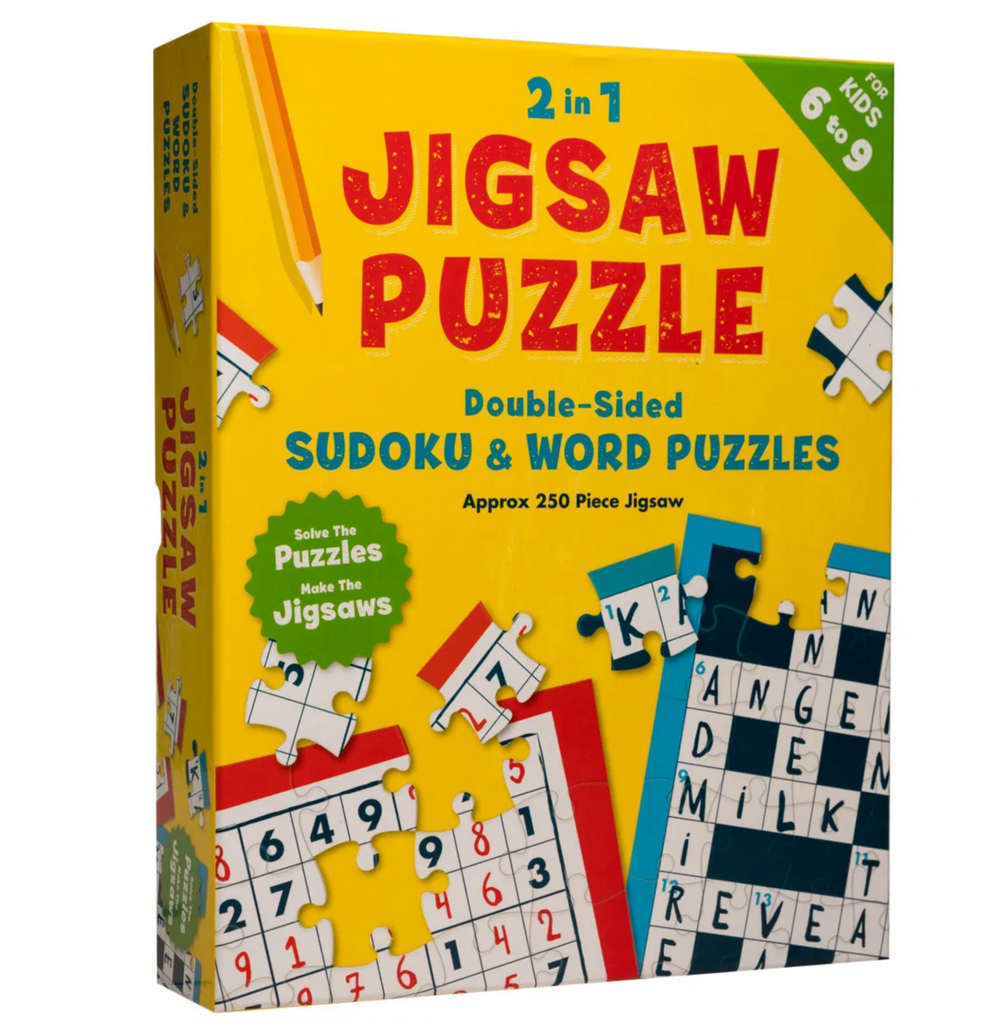 2 in 1 jigsaw puzzle. Double sided sudoku and word puzzles. For kids ages 6 to 9. 