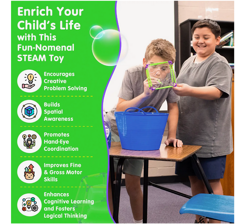 Graphic explaining the ways 3D Bubble Maker Kit enriches your child's life through the elements of STEAM. Photo os 2 boys creating 3D bubble shapes.