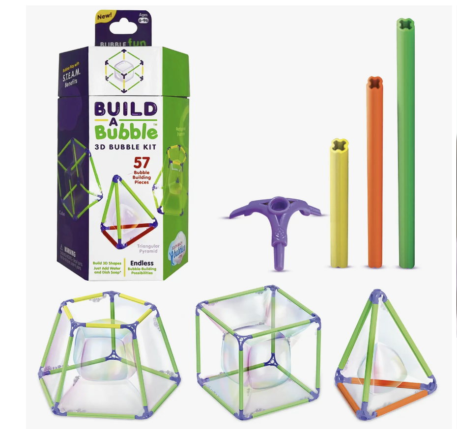 Build A Bubble 3D Bubble Kit box with building pieces and built shapes created with bubbles.